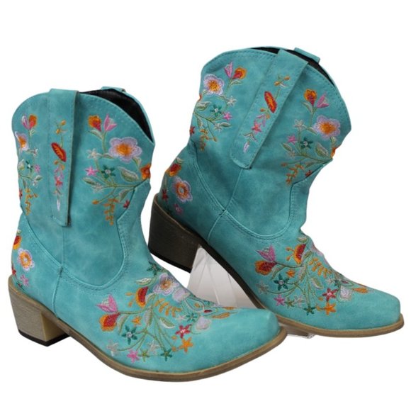 Balajoy 7.5 Blue Cowgirl Embroidery Ankle Boots Floral Western Boho Slipon Comfy - Picture 8 of 16